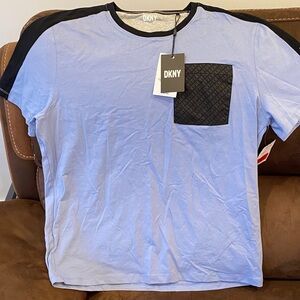 DKNY Men's Light Blue T-Shirt with Black Accents